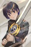  1boy absurdres black_eyes black_hair closed_mouth dust dust_cloud eyebrows_visible_through_hair highres holding holding_sword holding_weapon ikuyoan kyou_kara_maou! male_focus school_uniform shibuya_yuuri signature smile solo sword uniform weapon 