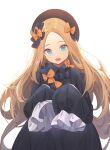  1girl abigail_williams_(fate/grand_order) absurdres bangs black_bow black_dress black_headwear blonde_hair blue_eyes blush bow breasts dress fate/grand_order fate_(series) forehead hair_bow hat highres long_hair long_sleeves looking_at_viewer multiple_bows nekojira open_mouth orange_bow parted_bangs polka_dot polka_dot_bow ribbed_dress simple_background sleeves_past_fingers sleeves_past_wrists small_breasts smile white_background 