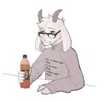  2021 5_fingers anthro baggy_clothing beverage bottle bovid brown_eyes bust_portrait caprine clothing cyrillic_text ears_down energy_drink eyebrows eyewear fan_character fingers fur glasses goat grey_clothing head_hair holding_object humanoid_hands long_ears long_sleeves looking_away male mammal nerd pivoted_ears portrait serious_face shaded shirt simple_background simple_shading sitting skinny sleeves_past_wrists solo sweatshirt tan_body tan_fur text text_on_clothing text_on_shirt text_on_topwear toffee_32 topwear turtleneck ukrainian_text white_background 