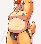  2021 absurd_res anthro belly bowser bulge clothing cute_fangs eeveecholo eyes_closed hi_res jockstrap koopa male mario_bros moobs nintendo nipples overweight overweight_anthro overweight_male scalie solo underwear video_games 