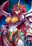  1girl breasts covered_nipples green_eyes hair_between_eyes hand_on_hip highres large_breasts long_hair looking_down mecha_musume navel open_hand red_hair science_fiction solo space super_robot_wars super_robot_wars_original_generation tukiwani v-shaped_eyebrows valsione very_long_hair 