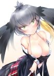  1girl arched_back bikini bikini_under_clothes bird_tail black_hair black_shirt blonde_hair blue_bikini blush breasts cleavage closed_mouth collared_shirt eyebrows_visible_through_hair grey_hair hair_tie head_wings highres kemono_friends kinou_no_shika large_breasts leaning_forward long_hair long_sleeves looking_at_viewer miniskirt multicolored_hair off_shoulder open_clothes open_shirt pleated_skirt red_skirt shirt shoebill_(kemono_friends) skindentation skirt smile solo standing striped striped_bikini swimsuit symbol_commentary yellow_eyes 