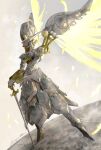  absurdres armor character_request cross falling_feathers feathers full_armor gender_request glowing halo hand_on_hilt hand_on_weapon highres ikuyoan mechanical_wings planted planted_sword planted_weapon shaman_king standing sword weapon wings yellow_feathers 