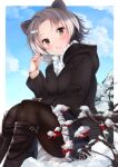  1girl alternate_costume american_beaver_(kemono_friends) animal_ears bangs beaver_ears black_collar black_footwear black_legwear blue_sky blurry blurry_foreground boots brown_eyes casual cloud cloudy_sky collar commentary contemporary day depth_of_field eyebrows_visible_through_hair grey_hair hair_ornament hairclip hand_in_hair highres hood hood_down hooded_coat kemono_friends kinou_no_shika knee_boots long_sleeves looking_at_viewer miniskirt multicolored_hair open_mouth outdoors outside_border pantyhose parted_bangs pleated_skirt short_hair sitting skirt sky smile snow solo white_hair white_skirt 