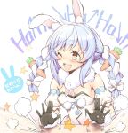 1girl ;d animal_ears bangs black_gloves black_leotard blue_hair blush bow braid breasts brown_eyes bunny_ears carrot_hair_ornament catchphrase cleavage commentary_request detached_sleeves don-chan_(usada_pekora) dress eyebrows_visible_through_hair food_themed_hair_ornament fur-trimmed_gloves fur_trim gloves hair_bow hair_ornament haruhina_purple highres hololive laughing leotard long_hair multicolored_hair one_eye_closed open_mouth puffy_short_sleeves puffy_sleeves short_eyebrows short_sleeves simple_background small_breasts smile star_(symbol) strapless strapless_dress strapless_leotard tears thick_eyebrows translation_request twin_braids twintails two-tone_hair upper_body upper_teeth usada_pekora virtual_youtuber white_background white_bow white_dress white_hair white_sleeves 