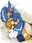  ?! anthro avian bird blonde_hair blue_body blue_eyes blue_feathers breath_of_the_wild clothing cuddling duo feathers grabbing_chest hair hi_res human humanoid humanoid_pointy_ears hylian link long_hair male male/male mammal nintendo popemadara revali rito sleeping the_legend_of_zelda underwear video_games 