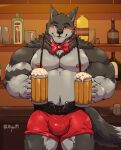  2021 absurd_res alcohol anthro barazoku beer beverage black_body black_fur black_nose blush bow_tie bulge canid canine canis clothing detailed_background fur hi_res humanoid_hands inside jumperbear kemono male mammal musclegut nipples solo underwear wolf 
