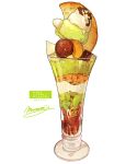  absurdres cream cup food food_focus glass highres ice_cream momiji_mao no_humans original parfait signature simple_background single_scoop still_life translation_request white_background 