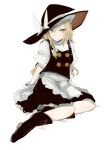  ankle_boots apron arm_support black_footwear black_headwear black_vest blonde_hair boots bow braid broom closed_mouth cross-laced_footwear double-breasted full_body green_eyes hair_bow hat hat_bow kirisame_marisa long_hair looking_at_viewer ne_kuro shirt side_braid simple_background sitting touhou vest waist_apron white_apron white_background white_bow white_shirt witch_hat yokozuwari 