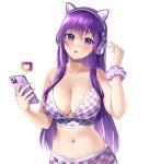 1girl alternate_costume animal_ear_headphones artist_name bangs bare_arms bare_shoulders blush breasts cellphone checkered collarbone commentary commission crop_top doki_doki_literature_club english_commentary eyebrows_visible_through_hair hair_between_eyes hand_up headphones heart highres holding holding_phone large_breasts long_hair looking_at_viewer midriff navel parted_lips paw_print phone potetos7 purple_eyes purple_hair scrunchie sidelocks simple_background smartphone solo upper_body very_long_hair watermark white_background wrist_scrunchie yuri_(doki_doki_literature_club) 