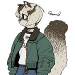  1girl animal_ears black_choker black_eyes blue_pants brown_fur brown_hair choker closed_mouth colored_skin dark_skin denim furry green_jacket grey_fur grey_hair grey_skin jacket jeans large_tail long_sleeves multicolored multicolored_fur multicolored_hair multicolored_skin open_clothes open_jacket original pants profile puffy_long_sleeves puffy_sleeves shirt short_hair signature simple_background solo sparrowl squirrel_ears squirrel_girl squirrel_tail standing sugar_glider tail two-tone_fur two-tone_hair two-tone_skin white_background white_shirt 