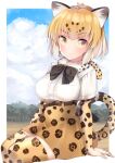  1girl animal_ear_fluff animal_ears black_neckwear blonde_hair blue_sky bow bowtie closed_mouth cloud cloudy_sky day elbow_gloves eyebrows_visible_through_hair fur_collar gloves high-waist_skirt highres invisible_chair jaguar_(kemono_friends) jaguar_ears jaguar_print jaguar_tail kemono_friends kinou_no_shika looking_at_viewer outdoors outside_border print_gloves print_legwear print_skirt shirt short_hair short_sleeves sitting skirt sky smile solo symbol_commentary tail thighhighs white_shirt yellow_eyes yellow_gloves yellow_legwear yellow_skirt 
