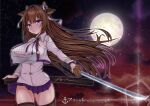  1girl absurdres animal_ears azur_lane bangs breasts brown_hair commentary_request copyright_name cow_ears cow_girl cow_horns highres horns kashino_(azur_lane) katana large_breasts long_hair moon night purple_eyes solo sword weapon yanmaa_(yanmar195) 