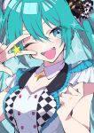  1girl ;d absurdres aqua_eyes aqua_hair buttons checkered dress frilled_dress frills hair_between_eyes hair_ornament hatsune_miku highres jewelry long_hair nekoma_hikaru one_eye_closed open_mouth project_sekai smile solo star_(symbol) twintails v_over_eye very_long_hair vocaloid 