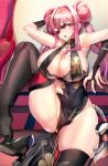  1girl armpits azur_lane bare_shoulders braid breasts bremerton_(azur_lane) china_dress chinese_clothes dress glasses hair_bun high_heels highres large_breasts long_hair multicolored_hair pink_eyes pink_hair silly_(marinkomoe) sleeveless solo streaked_hair thighhighs thighs twintails 