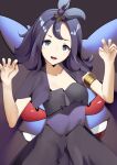  1girl acerola_(pokemon) armlet bangs blue_eyes claw_pose collarbone commentary_request dress eyelashes gen_1_pokemon gengar hair_ornament hands_up head_tilt highres looking_at_viewer medium_hair open_mouth pokemon pokemon_(creature) pokemon_(game) pokemon_sm purple_hair shiny shiny_hair short_sleeves smile stitches teeth tongue topknot trial_captain yuuyuu_(yuuki1771) 
