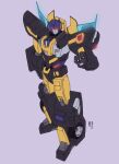  1boy absurdres autobot clenched_hand commission english_commentary from_above goldbug highres horns insignia lextodrawstuff looking_up mecha no_humans purple_background science_fiction solo standing transformers transformers_shattered_glass visor 