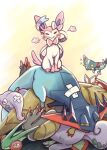  &gt;_&lt; @_@ bandaid blush closed_eyes closed_mouth commentary_request defeat dragapult dreepy flygon gen_3_pokemon gen_5_pokemon gen_6_pokemon gen_8_pokemon goodra haxorus paws pokemon pokemon_(creature) sitting smile sylveon yukichi_(tsuknak1) 