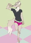  anthro arm_tuft black_clothing black_shirt black_topwear bulge canid canine chest_tuft clothed clothing elbow_tufts fangs fluffy fluffy_tail fur grey_body grey_fur humanoid lawyerdog looking_away male mammal maned_wolf neck_tuft on_one_leg pink_clothing pink_underwear pose profile raised_arm shirt snout solo standing topwear tuft underwear whiskers white_body white_fur 