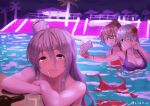  3girls :o aqua_hair bikini_removed bottle breasts brown_hair cleavage cup drooling drunk eyebrows_visible_through_hair flower grey_hair grin hair_between_eyes hair_flower hair_ornament hat hibiscus kantai_collection kumano_(kantai_collection) large_breasts long_hair misumi_(niku-kyu) multiple_girls neon_lights night nude one_eye_closed outdoors palm_tree partially_submerged pola_(kantai_collection) pool red_flower self_shot smile suzuya_(kantai_collection) swimsuit swimsuit_removed swimwear thick_eyebrows tree twitter_username v v_over_eye water wavy_hair 