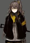  1girl armband black_jacket black_neckwear black_ribbon closed_mouth cowboy_shot girls_frontline grey_background grey_hair jacket long_hair long_sleeves looking_at_viewer ne_kuro neck_ribbon one_side_up open_clothes open_jacket ribbon shirt simple_background solo standing ump45_(girls_frontline) very_long_hair white_shirt yellow_eyes 