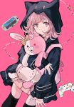  animal_ears backpack bag beige_skirt brown_skirt cat_bag danganronpa_(series) danganronpa_2:_goodbye_despair diaper fake_animal_ears flipped_hair hair_ornament hairclip handheld_game_console highres hood hooded_jacket jacket looking_at_viewer medium_hair monomi_(danganronpa) namiharuru nanami_chiaki pink_background pink_bag pink_eyes pink_hair skirt 