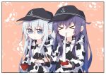  &gt;_&lt; 2girls akatsuki_(kantai_collection) alternate_costume anchor_symbol animal_print black_headwear blue_eyes bowl chopsticks closed_eyes commentary_request cow_background cow_print eating flat_cap hat highres holding holding_bowl holding_chopsticks hood hooded_sweater hoodie mochi mochi_trail multiple_girls pink_background purple_hair silver_hair sweater upper_body yoshinao_(yoshinao_0203) zouni_soup 