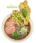  bowl food food_focus fried_food highres meat momiji_mao no_humans noodles original ramen romaji_text signature simple_background soup sparkle spring_onion still_life translation_request vegetable white_background 