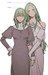 2girls arm_hug bangs blush breasts byleth_(fire_emblem) byleth_(fire_emblem)_(female) closed_mouth dress fire_emblem fire_emblem:_three_houses green_eyes green_hair hair_between_eyes hand_on_hip height_chart height_difference highres ikarin long_hair long_sleeves multiple_girls off_shoulder pointy_ears rhea_(fire_emblem) simple_background white_background white_dress 