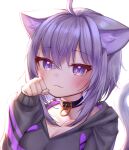 1girl :3 absurdres animal_ears bangs black_choker black_jacket blush cat_ears cat_tail choker collarbone commentary_request deaver eyebrows_visible_through_hair hand_up highres hololive jacket long_sleeves nekomata_okayu purple_eyes purple_hair short_hair simple_background solo tail upper_body virtual_youtuber white_background 