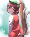  1girl animal_ear_fluff animal_ears ass bangs brown_hair cat_ears cat_tail chen dress earrings eyebrows_visible_through_hair fang green_headwear hair_between_eyes hat highres jewelry long_sleeves looking_at_viewer looking_back multiple_tails no_panties nose_(oekaki1825) red_dress red_eyes short_hair smile solo tail touhou 