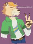  3:4 anthro bottomwear canid canine canis clothed clothing fully_clothed good_boy hi_res male mammal mohawk multicolored_body pants peace_symbol shirt smile solo topwear undershirt wolf 
