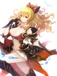  1girl armor armored_dress blonde_hair boots breasts cleavage detached_collar gloves granblue_fantasy hair_between_eyes highres knee_boots large_breasts liko_(wlisa77) long_hair navel red_eyes red_ribbon ribbon smile solo thighs vira_lilie white_background 