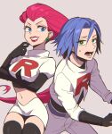  1boy 1girl blue_eyes blue_hair green_eyes highres izmsw602 james_(pokemon) jessie_(pokemon) pokemon pokemon_(anime) red_hair smile team_rocket worried 