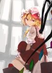  1girl bangs between_legs blonde_hair bow closed_mouth crossed_bangs crystal flandre_scarlet from_behind hand_between_legs hat hat_bow looking_at_viewer looking_back mob_cap ne_kuro red_bow red_eyes red_skirt red_vest skirt smile solo touhou vest white_headwear wings 