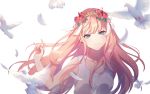  animal bird blush carminar darling_in_the_franxx flowers green_eyes horns long_hair pink_hair ribbons zero_two 