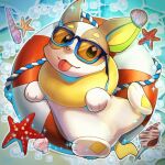  blue-framed_eyewear bubble commentary_request from_above gen_8_pokemon green_eyes head_tilt lifebuoy lying no_humans on_back paws pokemon pokemon_(creature) seashell shell smile starfish sunglasses toes tongue tongue_out yamper yukichi_(tsuknak1) 