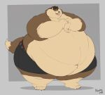  albusmcdreg anthro belly belly_overhang big_belly brown_body brown_fur canid canine canis chubby_cheeks claws clothed clothing cracking_knuckles fur male mammal morbidly_obese morbidly_obese_anthro morbidly_obese_male navel obese obese_anthro obese_male open_mouth open_smile overweight overweight_anthro overweight_male smile solo sound_effects standing tan_body tan_fur teeth thick_thighs toe_claws tongue topless wide_hips wolf 