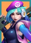  1girl arcade_caitlyn bare_shoulders beret blue_border blue_gloves blue_hair border breasts caitlyn_(league_of_legends) copyright_request elbow_gloves fingernails gloves gradient_gloves gun hand_up hat headphones highres holding holding_gun holding_weapon large_breasts league_of_legends one_eye_closed purple_eyes purple_gloves purple_headwear red_lips signature solo sparrowl upper_body weapon 