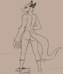  anthro arm_tuft backsack balls biped canid claws clothing dropped_pants elbow_tufts facial_markings fluffy fluffy_tail footwear genitals head_markings humanoid lawyerdog long_claws male mammal markings nude rear_view snout socks solo tuft 