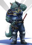  2020 angry anthro biped canid canine canis clothed clothing cross-popping_vein domestic_dog fingerless_gloves fur gloves gun hand_on_hip handwear katana male mammal melee_weapon muscular muscular_anthro muscular_male open_mouth police_uniform ranged_weapon solo sword teeth uniform vein weapon xigma 