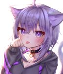  1girl :p absurdres animal_ears bangs black_choker black_jacket blush cat_ears cat_tail choker collarbone commentary_request deaver eyebrows_visible_through_hair hand_up highres hololive jacket long_sleeves nekomata_okayu purple_eyes purple_hair short_hair simple_background solo tail tongue tongue_out upper_body virtual_youtuber white_background 