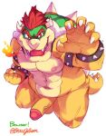  5_fingers anthro armband bo-gilliam bowser bracelet breath_powers claws collar elemental_manipulation erection fingers fire fire_breathing fire_manipulation genitals hair hi_res horn jewelry koopa looking_at_viewer male mario_bros muscular muscular_anthro muscular_male nintendo nipples open_mouth pecs penis red_eyes red_hair scalie sharp_teeth shell simple_background solo spiked_armband spiked_bracelet spiked_collar spiked_shell spikes spikes_(anatomy) teeth video_games white_background 