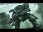  blue_eyes bottoms1237 extra_eyes glowing glowing_eyes gun highres holding holding_gun holding_weapon looking_down mecha no_humans original science_fiction shoulder_cannon solo weapon 