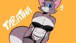  2021 anthro big_breasts blue_eyes bottomless breasts cleavage clothed clothing domestic_cat felid feline felis female fishnet fishnet_legwear fur garter_straps genitals grey_body grey_fur grin hi_res legwear lingerie looking_at_viewer mammal multi_nipple nipples pubic_stubble pussy samoyena simple_background smile solo tabatha_(samoyena) text yellow_background 