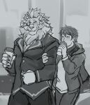  5_fingers absurd_res anthro arm_grab bottomwear claws clothed clothing cup drinking duo eye_contact fangs felid fingers ghangaji green_eyes hi_res holding_cup holding_object human jacket lion looking_at_another male male/male mammal mane pantherine pants scarf sketch snow_(tas) tokyo_afterschool_summoners topwear twink_protagonist_(tas) video_games walking 