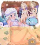  3girls absurdres arm_support barefoot bathing bikini blush body_blush breasts cleavage commentary_request earrings eiscue eiscue_(noice) eyelashes fire galarian_darumaka galarian_form gen_5_pokemon gen_8_pokemon gym_trainer_(pokemon) hand_up highres jewelry long_hair looking_at_viewer melony_(pokemon) multiple_girls navel night open_mouth outdoors partially_underwater_shot pokemoa pokemon pokemon_(creature) pokemon_(game) pokemon_swsh roggenrola sitting snom snowing swimsuit teeth tongue towel towel_around_neck towel_on_head water wet white_bikini 