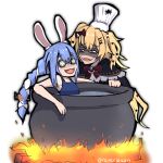  2girls akai_haato alternate_costume animal_ears blonde_hair boiling bow bunny_ears burning cauldron chef_hat cooking covered_eyes eyebrows_visible_through_hair firewood hair_between_eyes hair_bow hair_ornament hat heart heart_hair_ornament hololive long_hair looking_at_another multicolored_hair multiple_girls pot reverie_(reveriesan) shaded_face swimsuit thick_eyebrows toque_blanche twitter_username two-tone_hair usada_pekora very_long_hair white_background 
