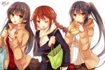  3girls agano_(kantai_collection) alternate_costume bag black_hair braid breasts brown_hair casual eating gloves green_eyes handbag kantai_collection long_hair looking_at_viewer medium_breasts multiple_girls noshiro_(kantai_collection) one_eye_closed pointing ponytail red_eyes signature toosaka_asagi twin_braids yahagi_(kantai_collection) 