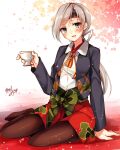  1girl blue_eyes brown_hair cherry_blossoms chitose_(kantai_collection) headband highres japanese_clothes kantai_collection long_hair looking_at_viewer pantyhose ponytail short_hair signature silver_hair sitting solo toosaka_asagi 